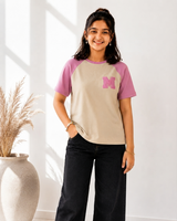 Teen Girl's Beige Pink Raglan T-Shirt | Korean Style Casual Tee - Soft Terry Cotton