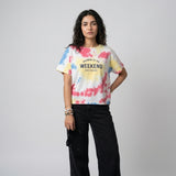 Taboo Wear Women's Tie-Dye Boxy Drop-Shoulder Tee - White Pink Yellow