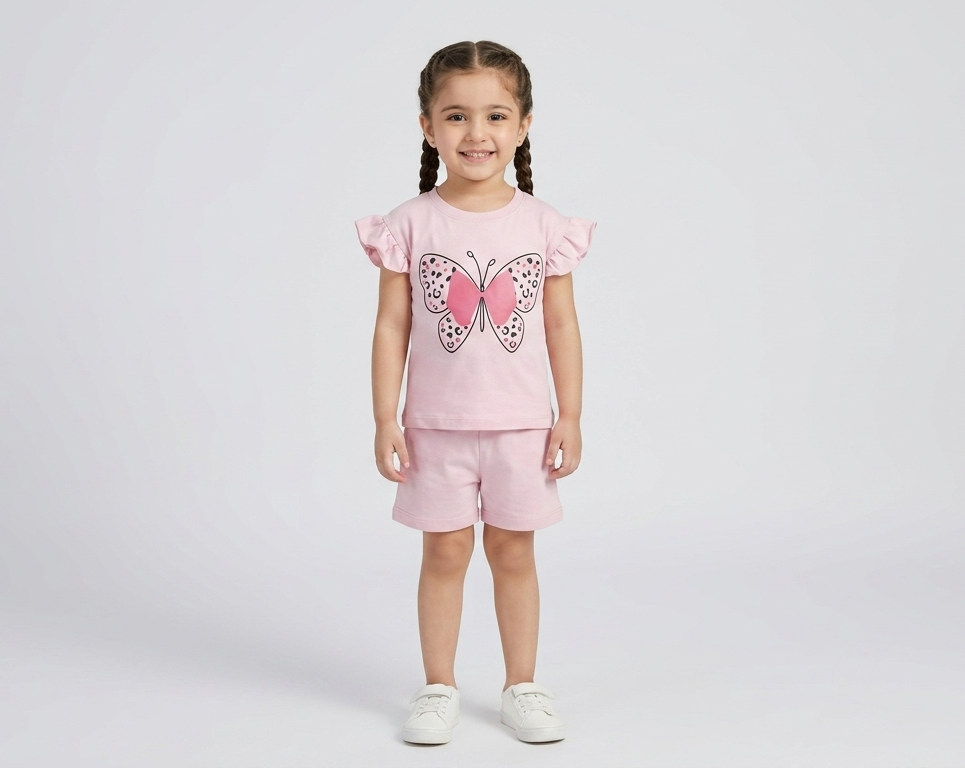 Girl's Terry Cotton Butterfly Printing Co-ord Set - Pink
