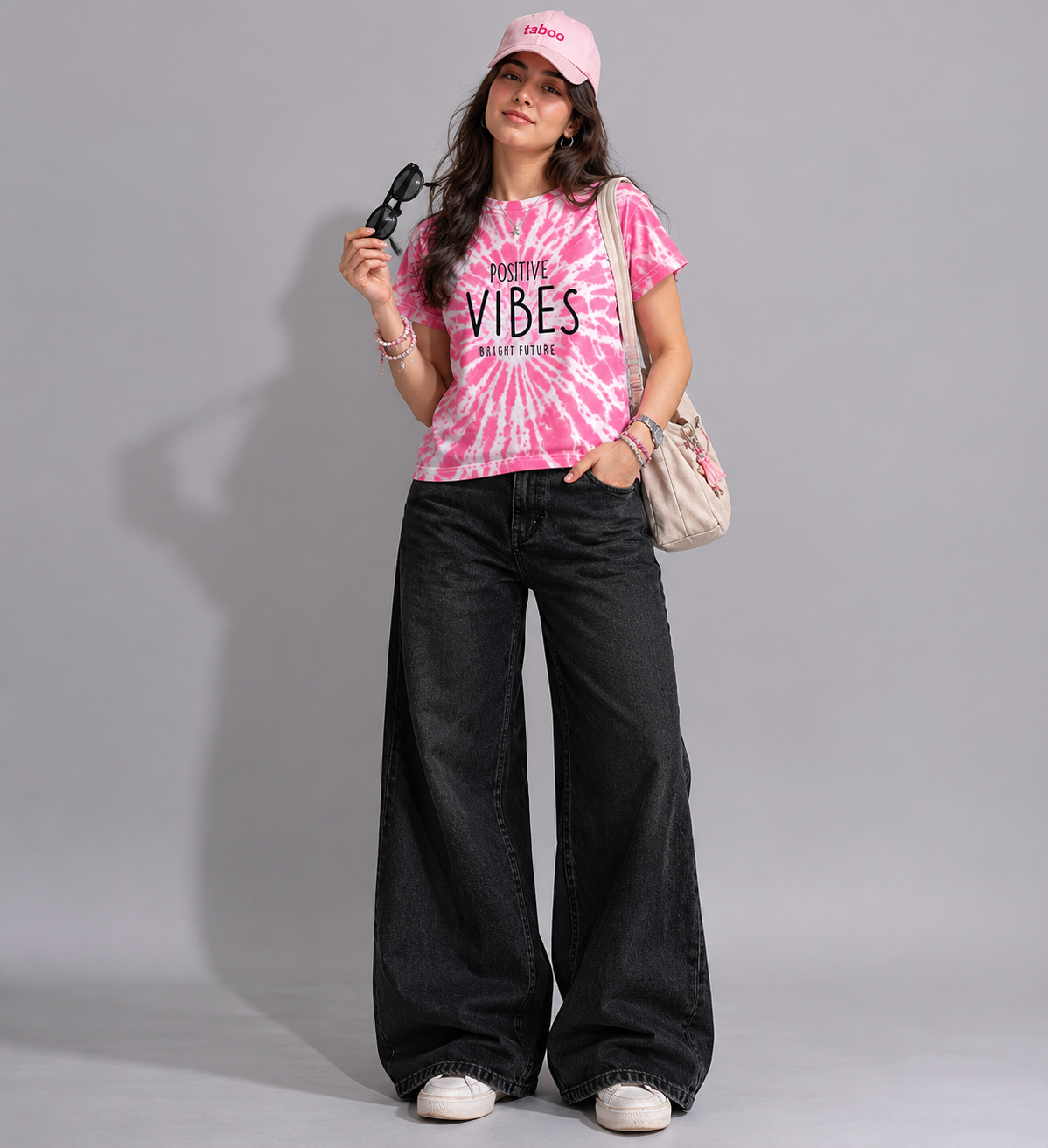Taboo Wear Women's Tie-Dye Boxy Drop-Shoulder Tee - White & Pink