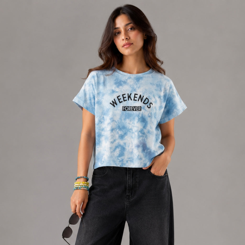 Taboo Wear Women's Tie-Dye Boxy Drop-Shoulder Tee - White&Blue